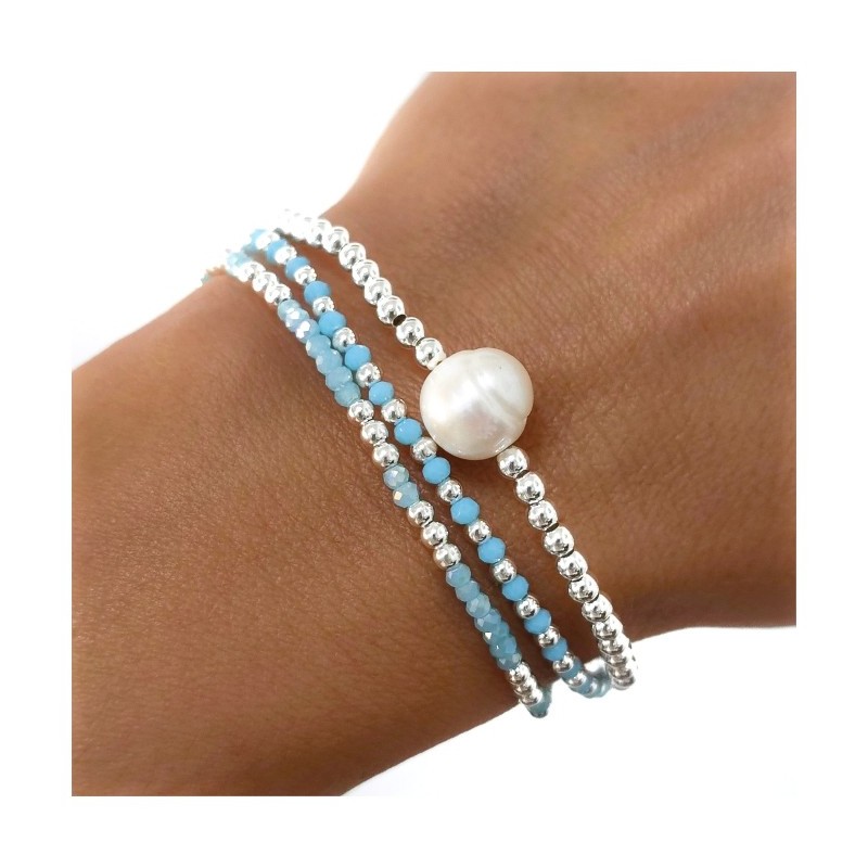 Pulsera triple cadena piedra color perla